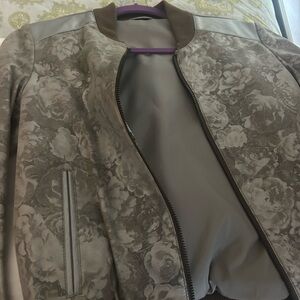 Floral Patterned Gray Leather Bomber Jacket